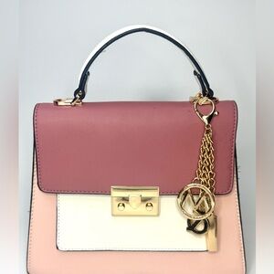MKF Mini Colorblock Top Handle Satchel Pink White Gold Charm  5x7